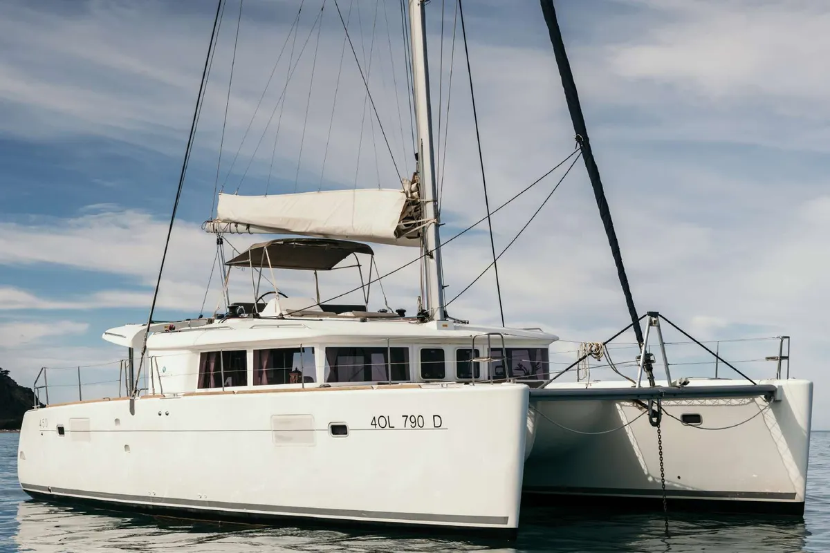 Exterior view of Opera Prima, a Lagoon 450 catamaran at Capo d'Orlando, Italy