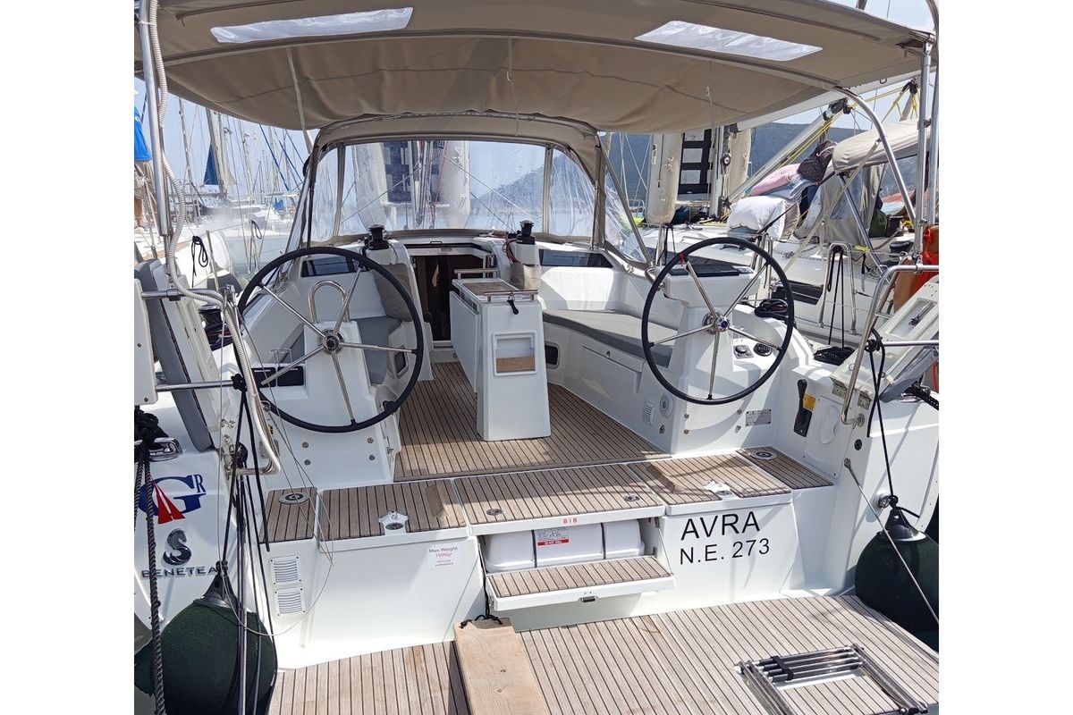 Cockpit of AVRA, a Beneteau Oceanis 37.1 sailboat at Municipal Unit of Lefkada, Greece