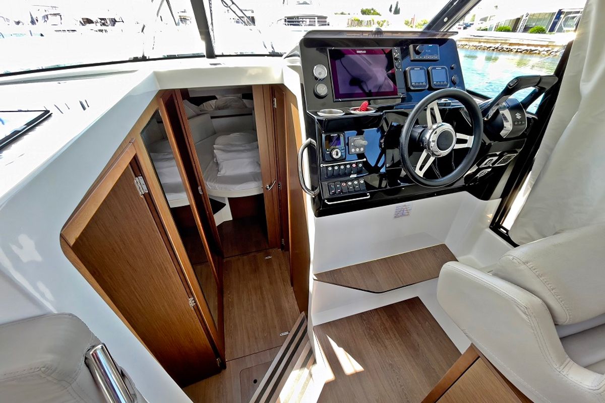 Cockpit of Helios, a Jeanneau Merry Fisher 1095 motorboat at Općina Sukošan, Croatia