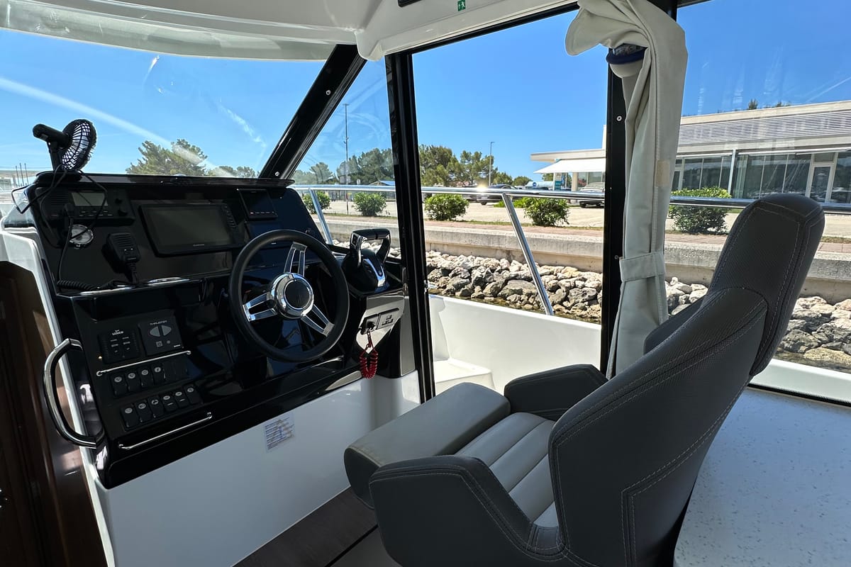 Cockpit of Morska Vila, a Jeanneau Merry Fisher 1095 FLY motorboat at Općina Pakoštane, Croatia