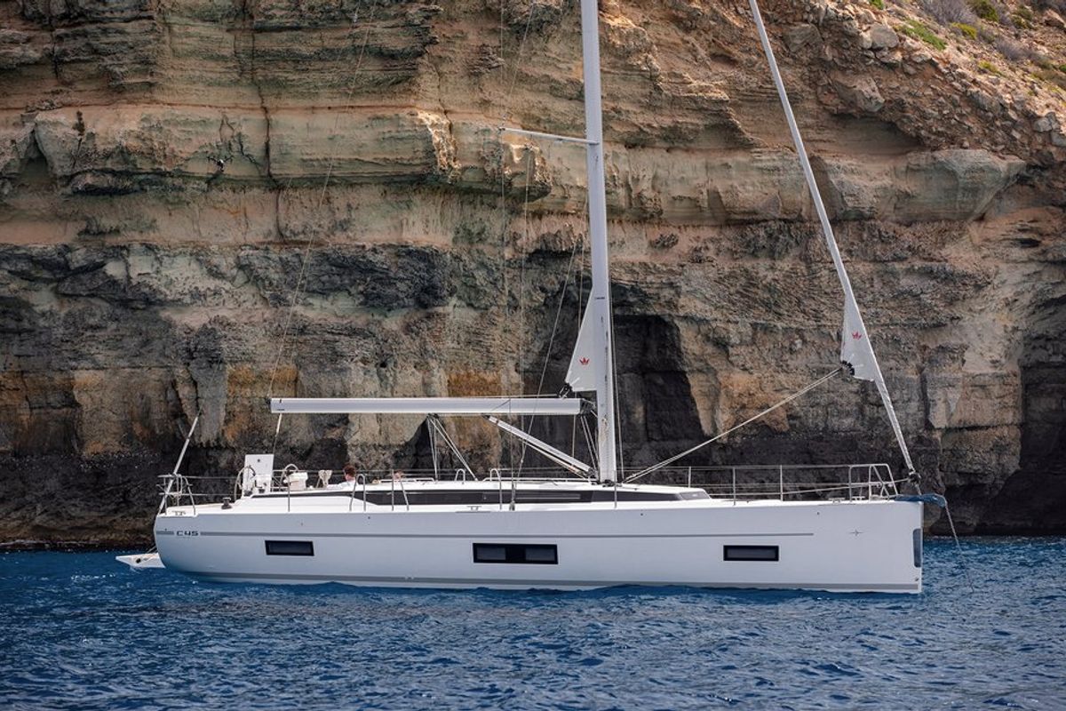 Exterior view of Insolence, a Bavaria C45 sailboat at Bocca di Magra, Italy
