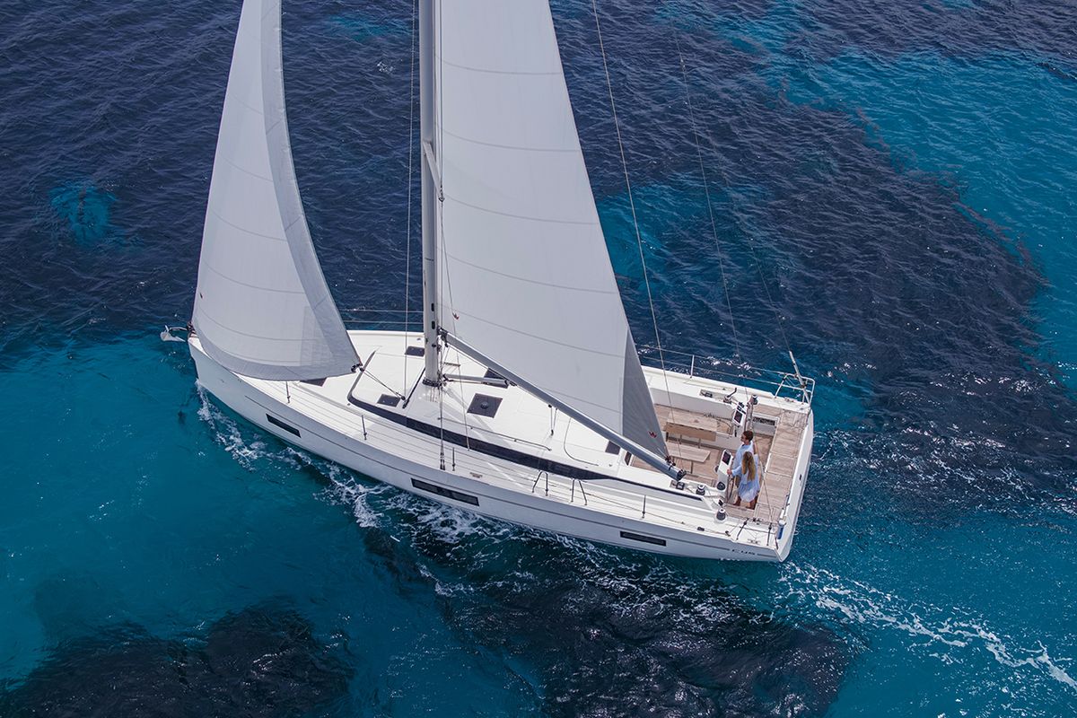 Exterior view of Insolence, a Bavaria C45 sailboat at Bocca di Magra, Italy