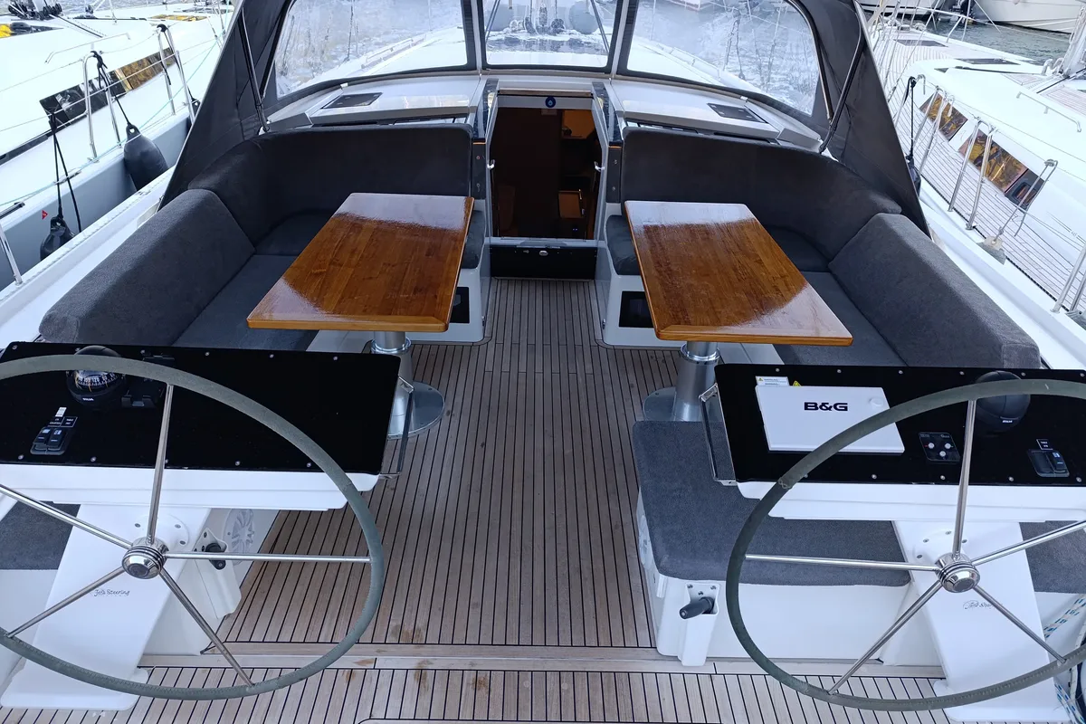 Cockpit of Binlik Owner's, a Hanse Yachts Hanse 460 sailboat at Fethiye, Turkey