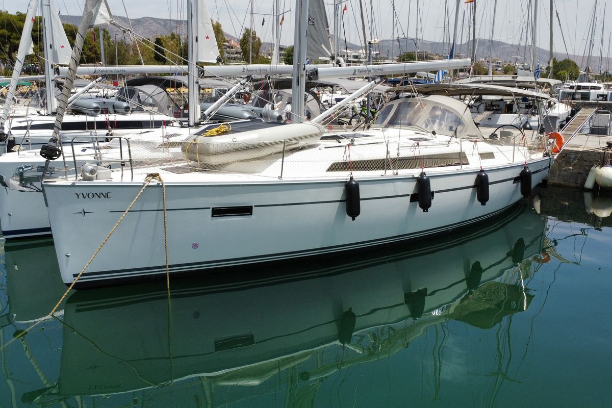Exterior view of Yvonne, a Bavaria Cruiser 41 sailboat at Athens, Greece