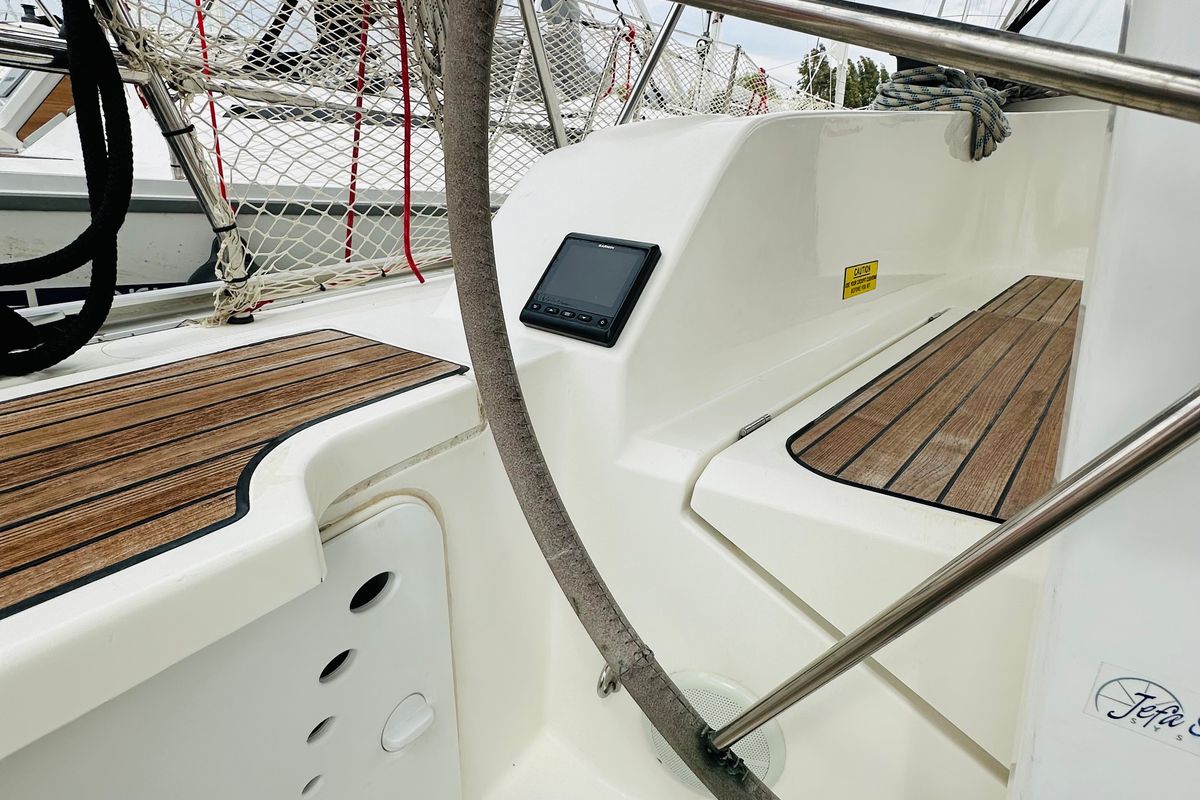 Cockpit of Yvonne, a Bavaria Cruiser 41 sailboat at Athens, Greece