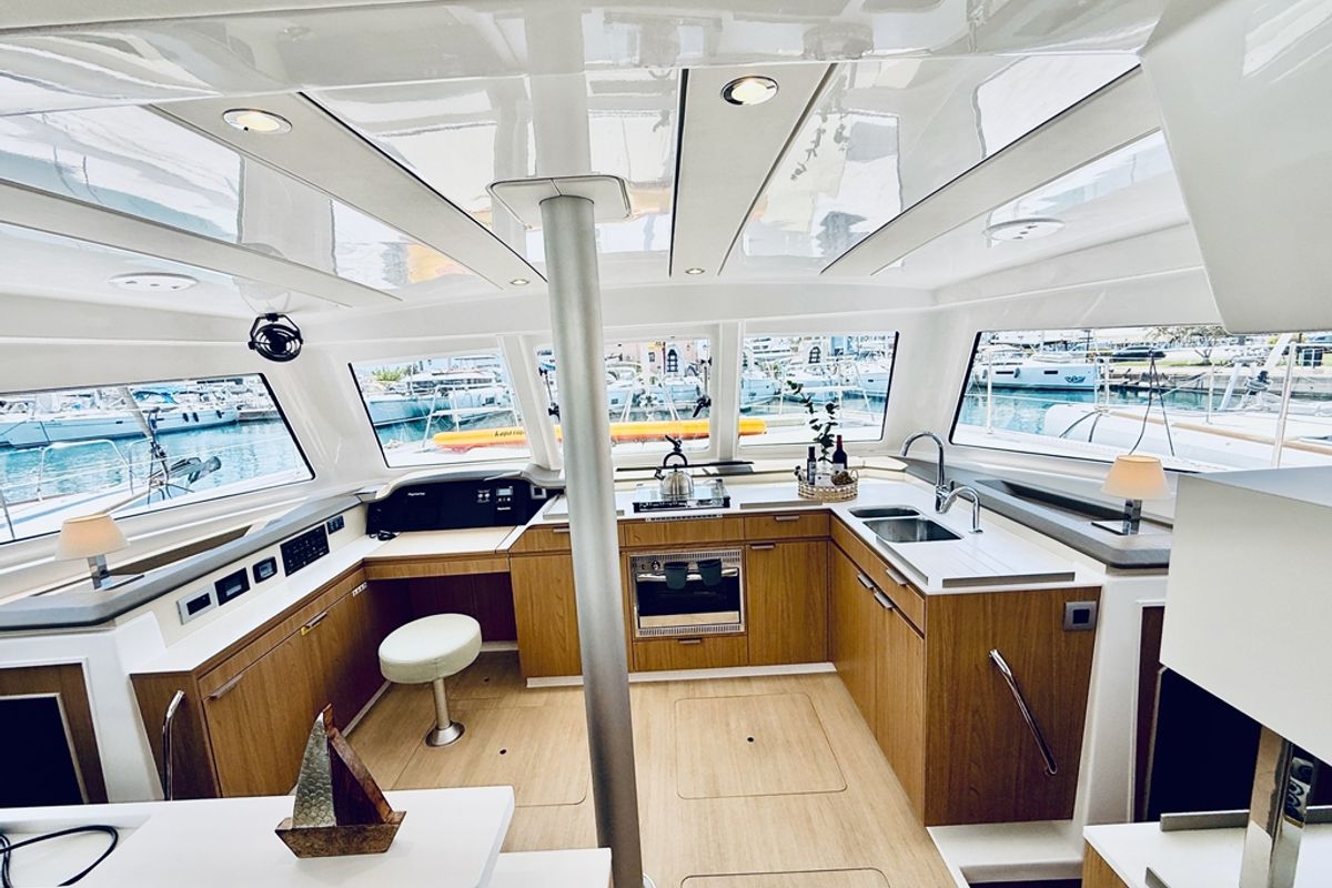 Cockpit of Vegas, a Bali Catspace OW catamaran at Municipal Unit of Ellomenos, Greece