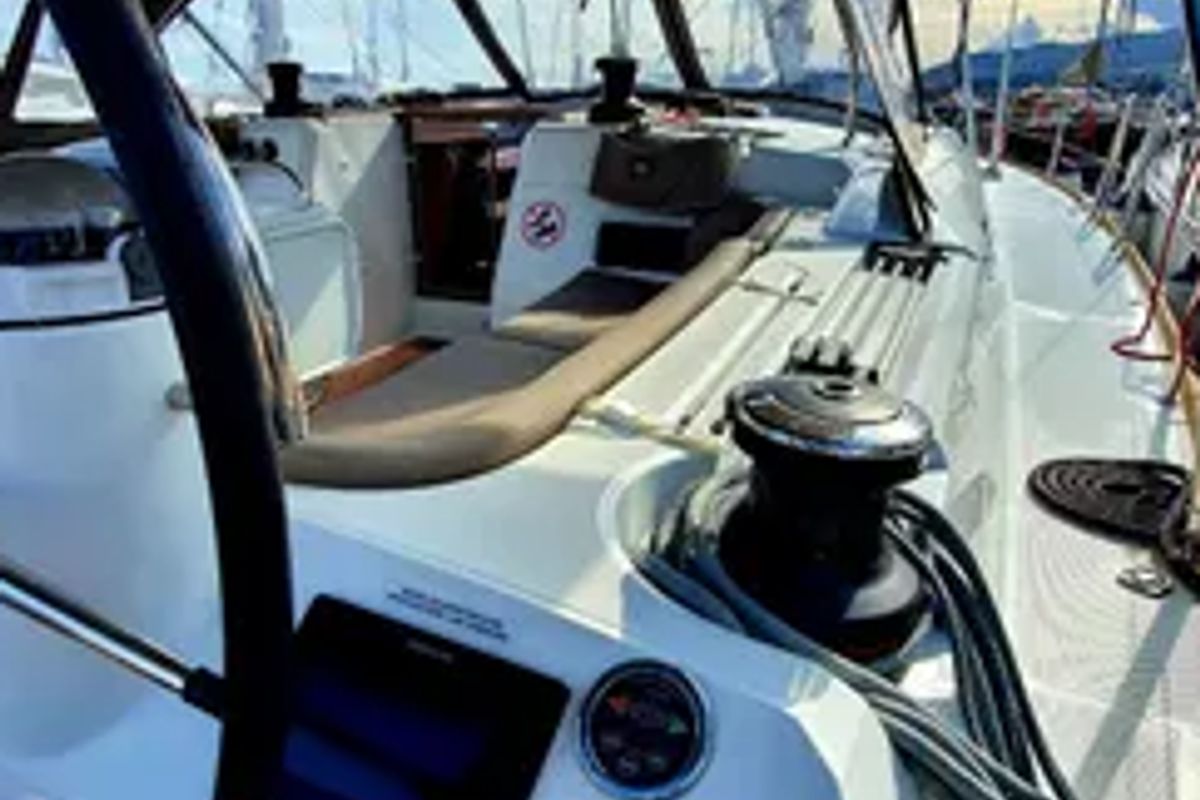 Deck of Aquaholic, a Jeanneau Sun Odyssey 519 sailboat at Municipal Unit of Ellomenos, Greece