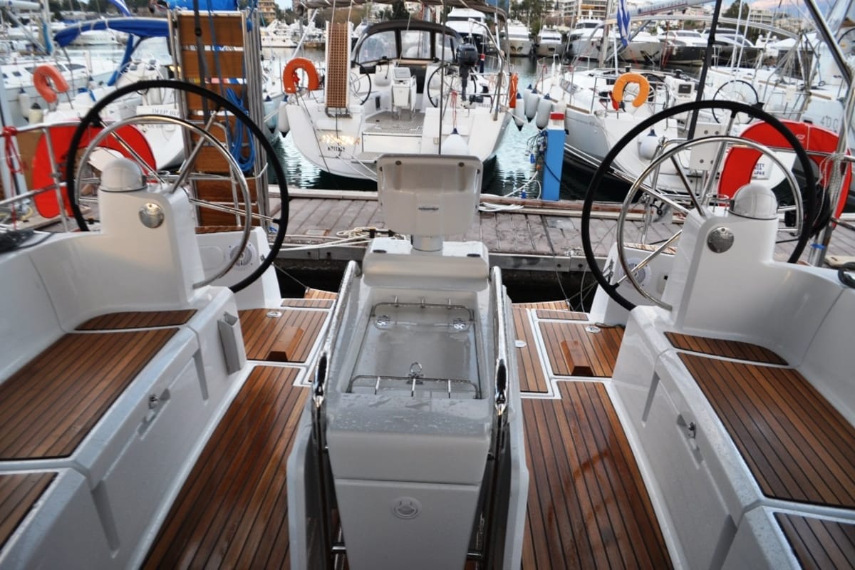 Cockpit of Aquaholic, a Jeanneau Sun Odyssey 519 sailboat at Municipal Unit of Ellomenos, Greece