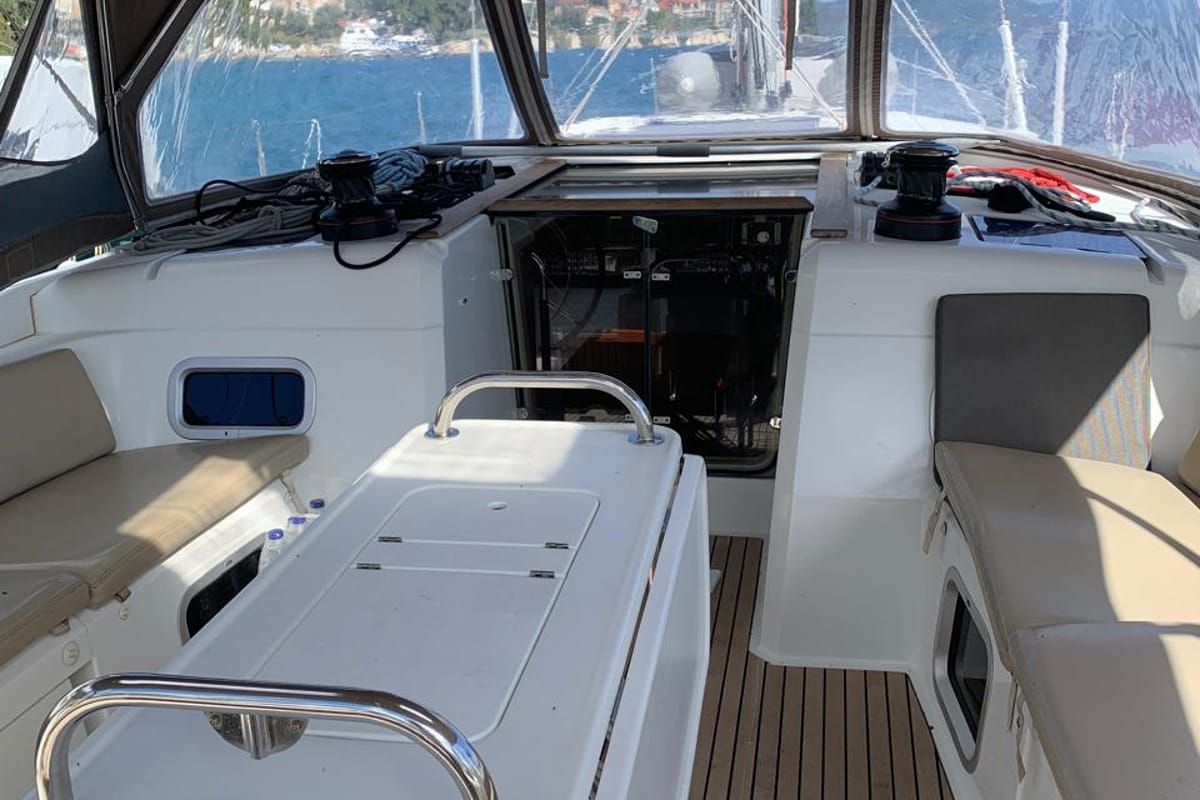 Cockpit of Aquaholic, a Jeanneau Sun Odyssey 519 sailboat at Municipal Unit of Ellomenos, Greece