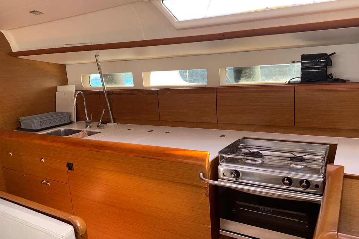 Galley of Aquaholic, a Jeanneau Sun Odyssey 519 sailboat at Municipal Unit of Ellomenos, Greece