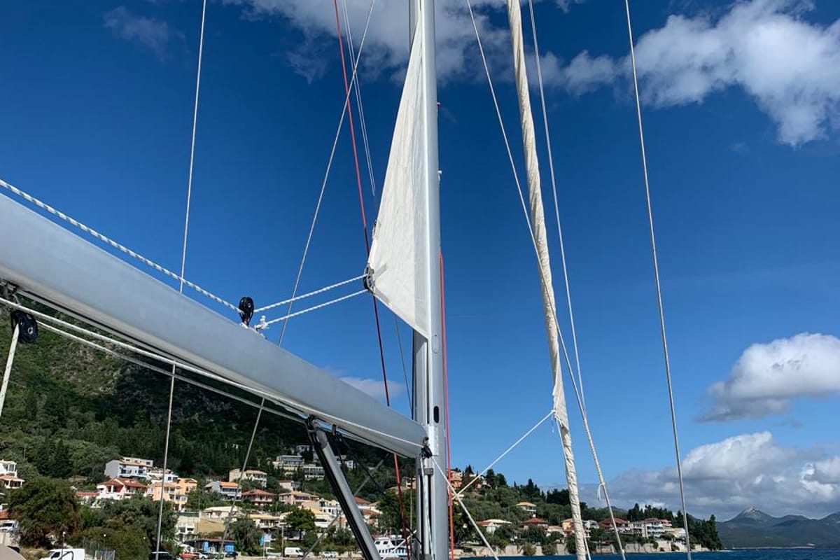 Deck of Aquaholic, a Jeanneau Sun Odyssey 519 sailboat at Municipal Unit of Ellomenos, Greece