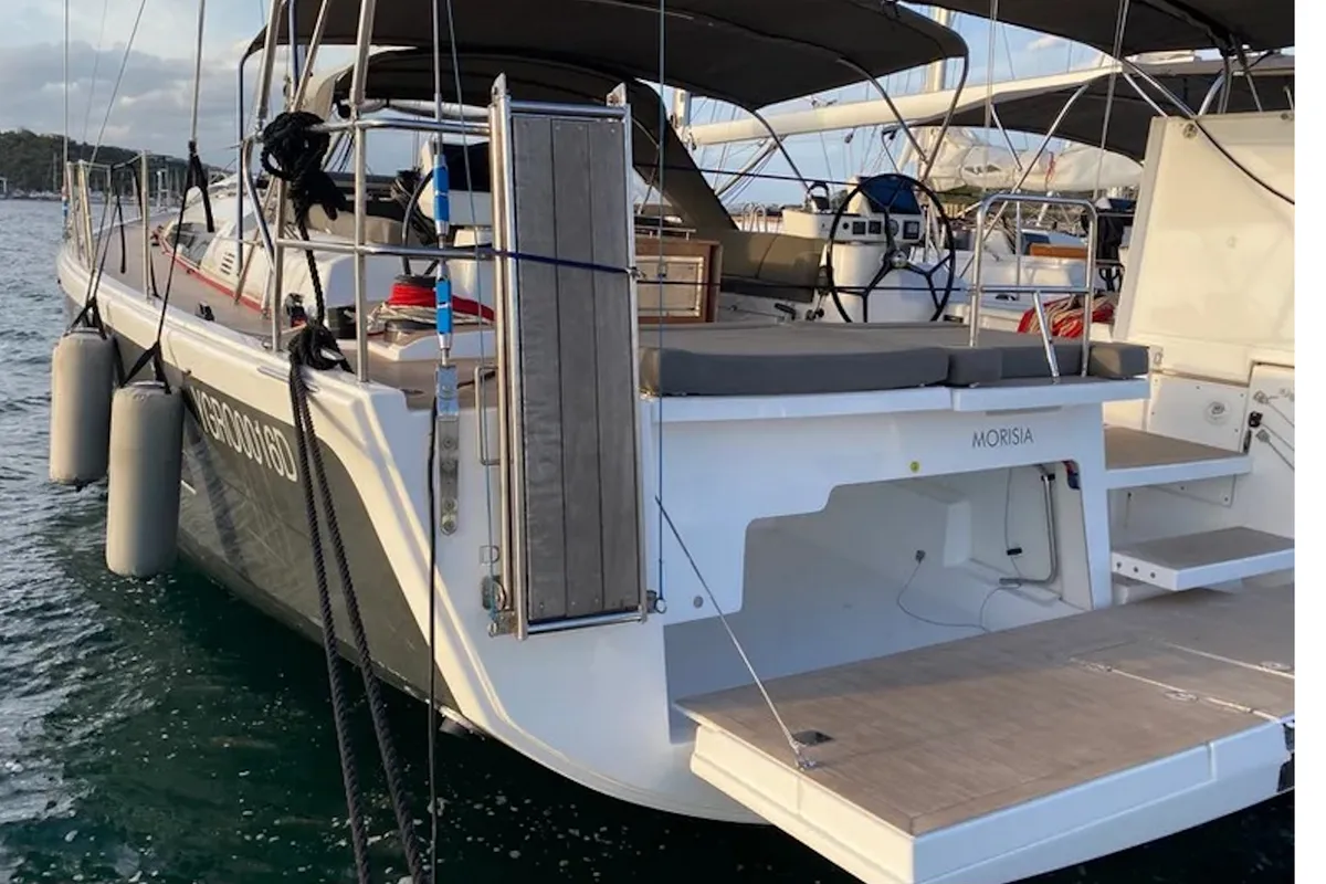 Deck of Albus, a Dufour 56 Exclusive sailboat at Olbia, Italy
