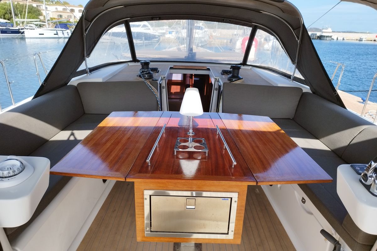 Deck of Albus, a Dufour 56 Exclusive sailboat at Olbia, Italy