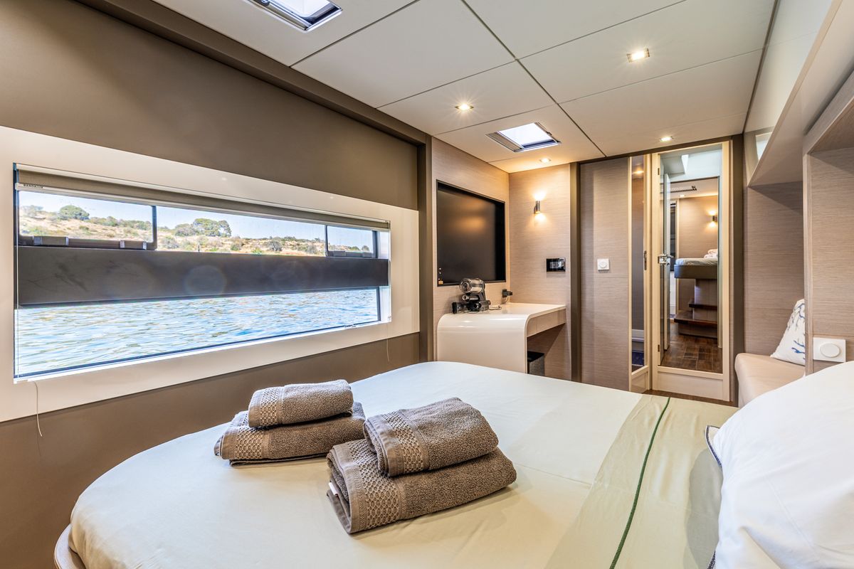 Cabin on Nyd'amour II, a Aventura Catamarans Aventura 14 Power catamaran at Municipal Unit of Kranidi, Greece