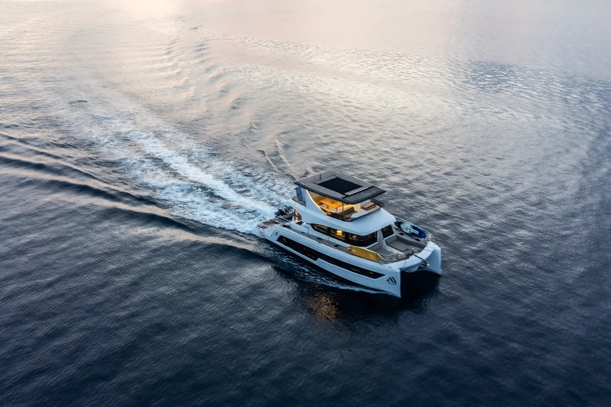 Exterior view of Nyd'amour II, a Aventura Catamarans Aventura 14 Power catamaran at Municipal Unit of Kranidi, Greece