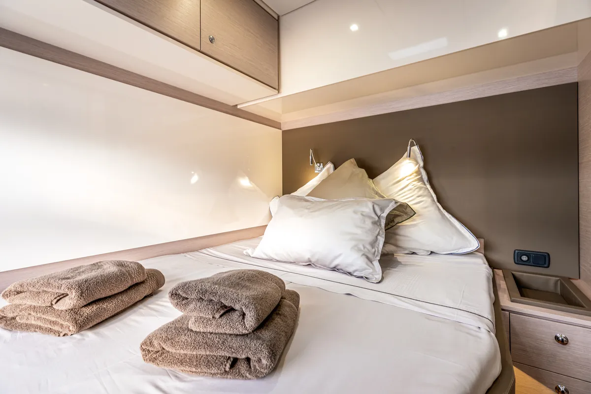 Cabin on Nyd'amour II, a Aventura Catamarans Aventura 14 Power catamaran at Municipal Unit of Kranidi, Greece