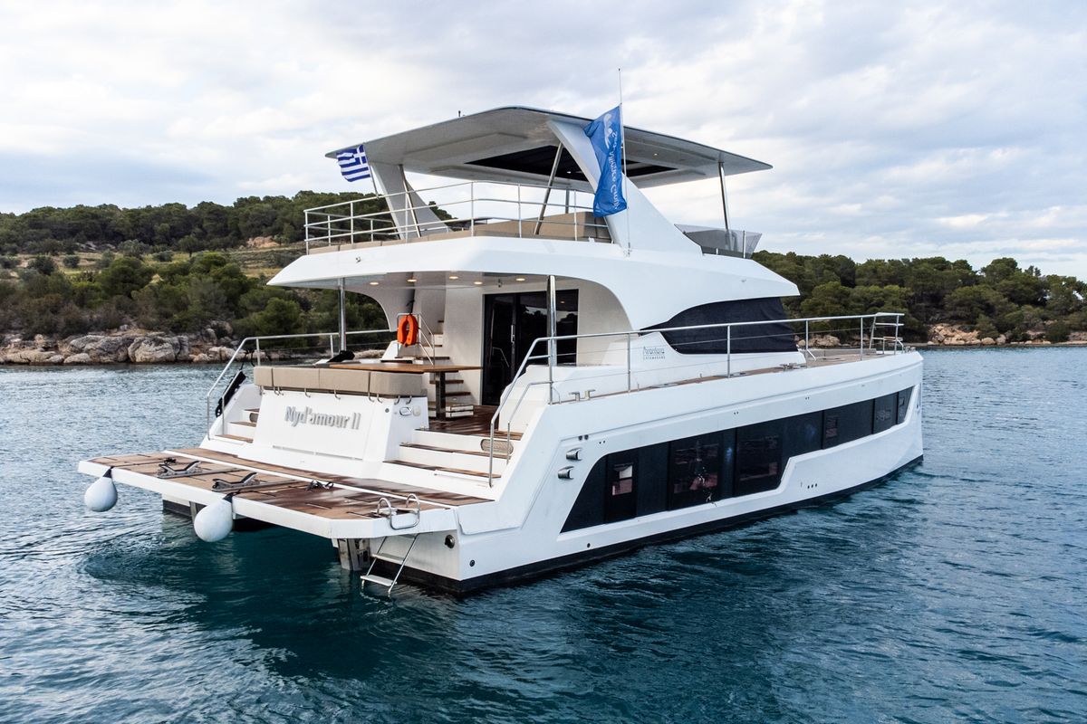 Exterior view of Nyd'amour II, a Aventura Catamarans Aventura 14 Power catamaran at Municipal Unit of Kranidi, Greece