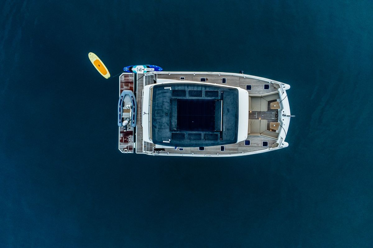 Exterior view of Nyd'amour II, a Aventura Catamarans Aventura 14 Power catamaran at Municipal Unit of Kranidi, Greece