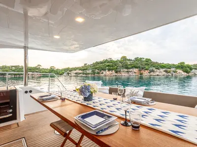Deck of Nyd'amour II, a Aventura Catamarans Aventura 14 Power catamaran at Municipal Unit of Kranidi, Greece