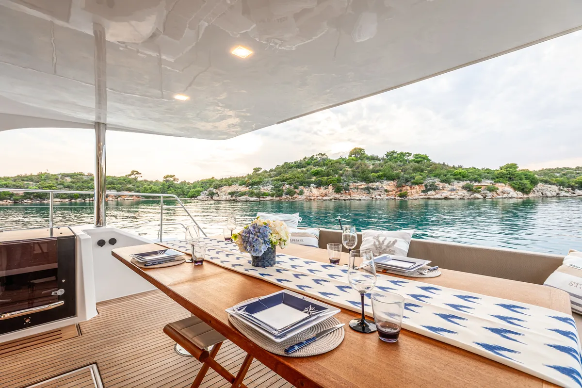 Deck of Nyd'amour II, a Aventura Catamarans Aventura 14 Power catamaran at Municipal Unit of Kranidi, Greece