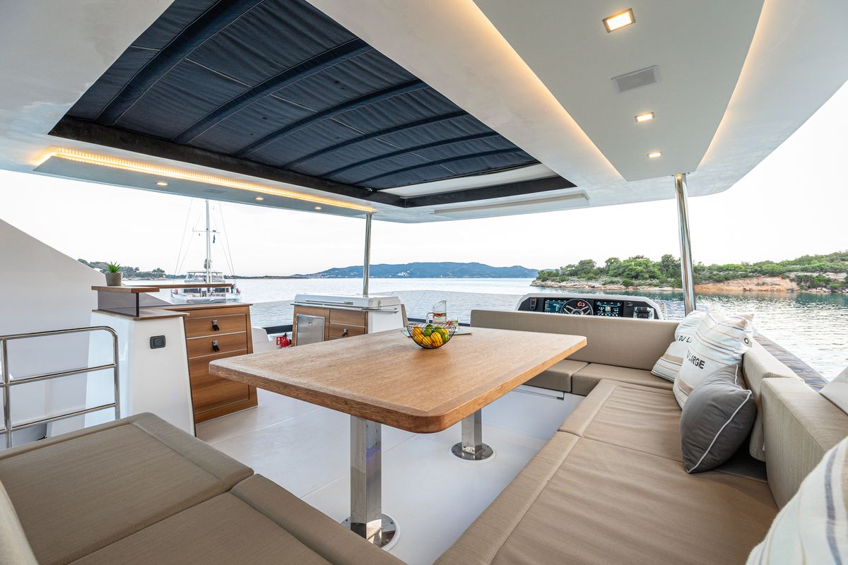 Deck of Nyd'amour II, a Aventura Catamarans Aventura 14 Power catamaran at Municipal Unit of Kranidi, Greece