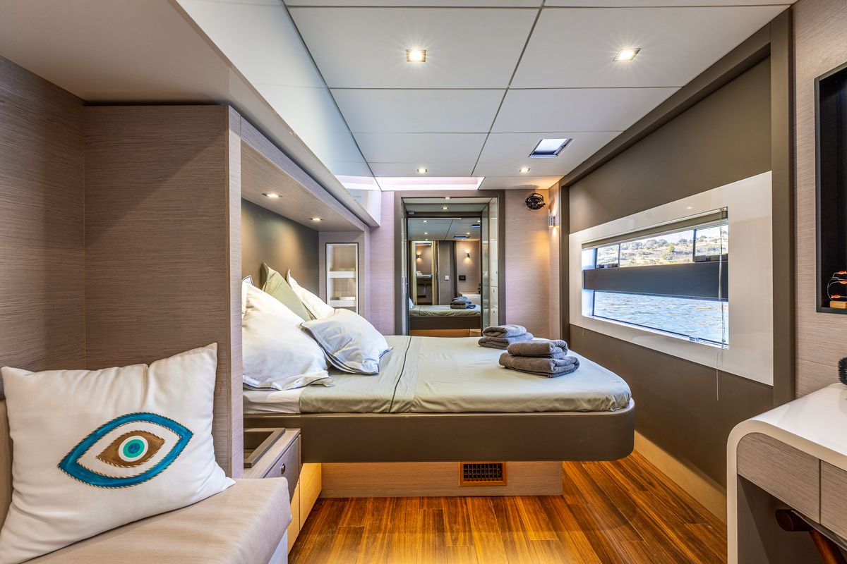 Cabin on Nyd'amour II, a Aventura Catamarans Aventura 14 Power catamaran at Municipal Unit of Kranidi, Greece