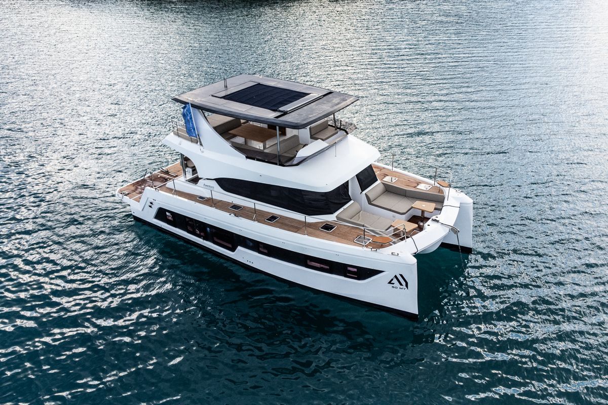 Exterior view of Nyd'amour II, a Aventura Catamarans Aventura 14 Power catamaran at Municipal Unit of Kranidi, Greece