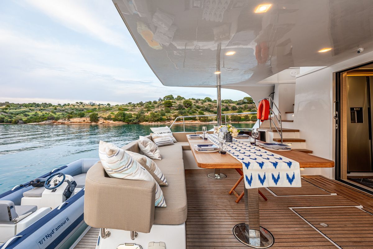 Deck of Nyd'amour II, a Aventura Catamarans Aventura 14 Power catamaran at Municipal Unit of Kranidi, Greece
