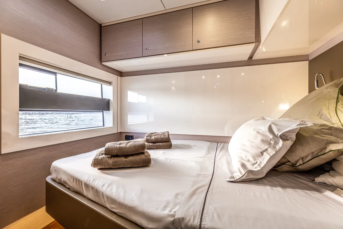 Cabin on Nyd'amour II, a Aventura Catamarans Aventura 14 Power catamaran at Municipal Unit of Kranidi, Greece