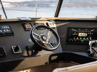 Cockpit of Nyd'amour II, a Aventura Catamarans Aventura 14 Power catamaran at Municipal Unit of Kranidi, Greece