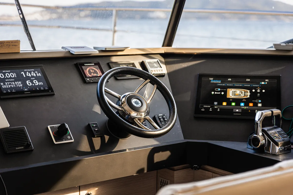 Cockpit of Nyd'amour II, a Aventura Catamarans Aventura 14 Power catamaran at Municipal Unit of Kranidi, Greece