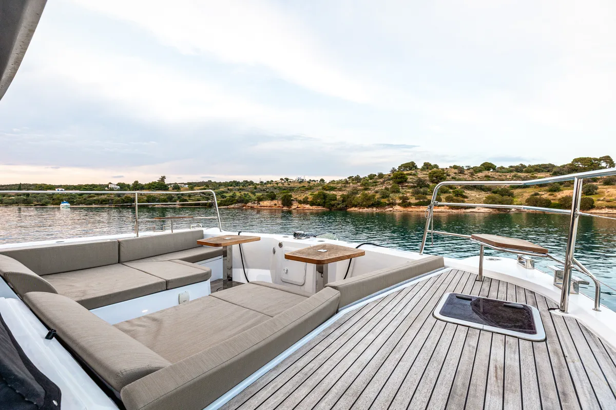 Deck of Nyd'amour II, a Aventura Catamarans Aventura 14 Power catamaran at Municipal Unit of Kranidi, Greece