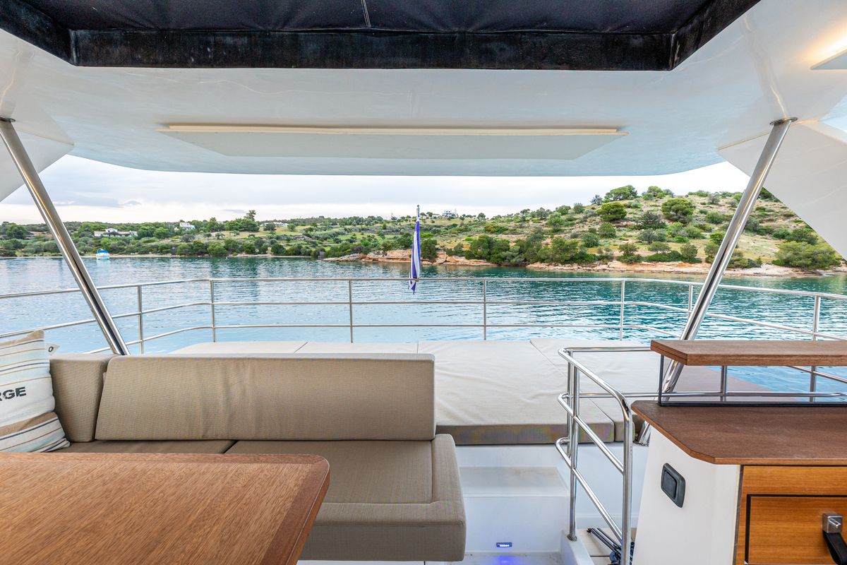 Deck of Nyd'amour II, a Aventura Catamarans Aventura 14 Power catamaran at Municipal Unit of Kranidi, Greece