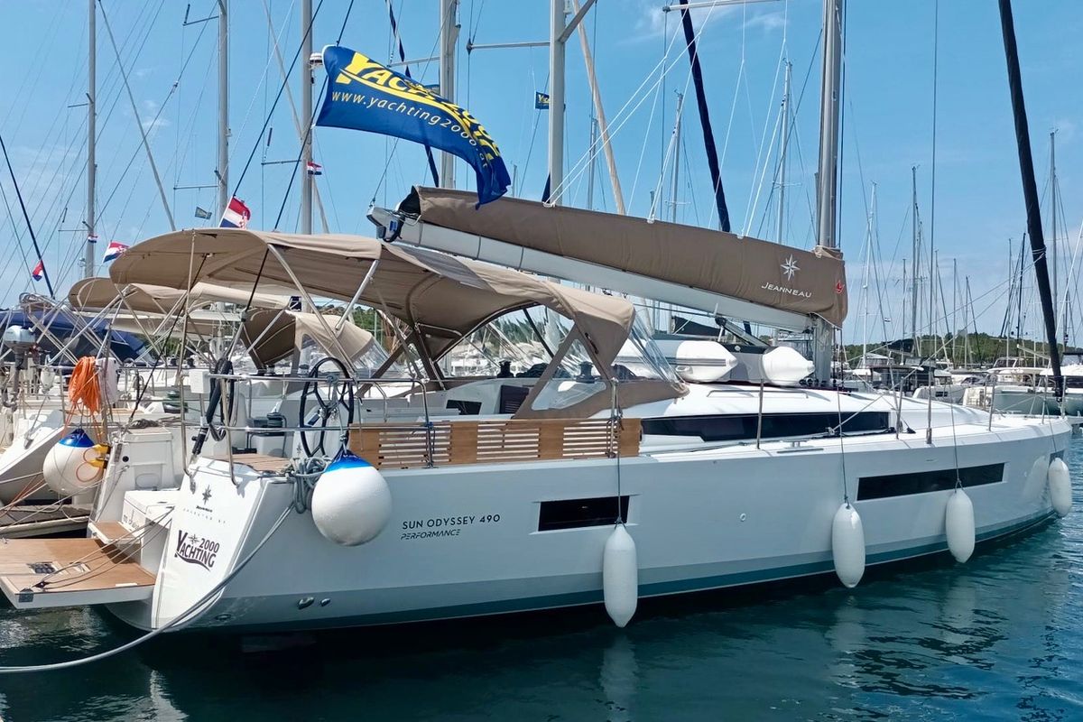 Exterior view of Ma Cherie, a Jeanneau Sun Odyssey 490 sailboat at Grad Šibenik, Croatia