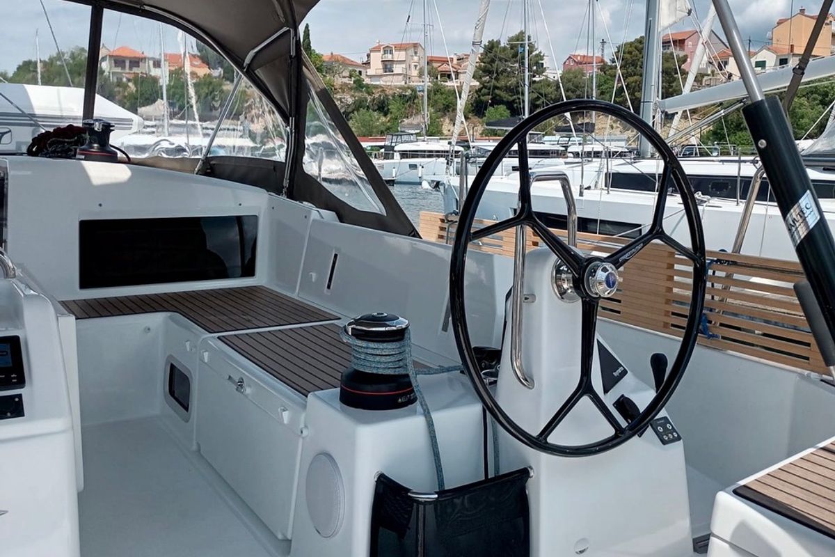 Cockpit of Ma Cherie, a Jeanneau Sun Odyssey 490 sailboat at Grad Šibenik, Croatia