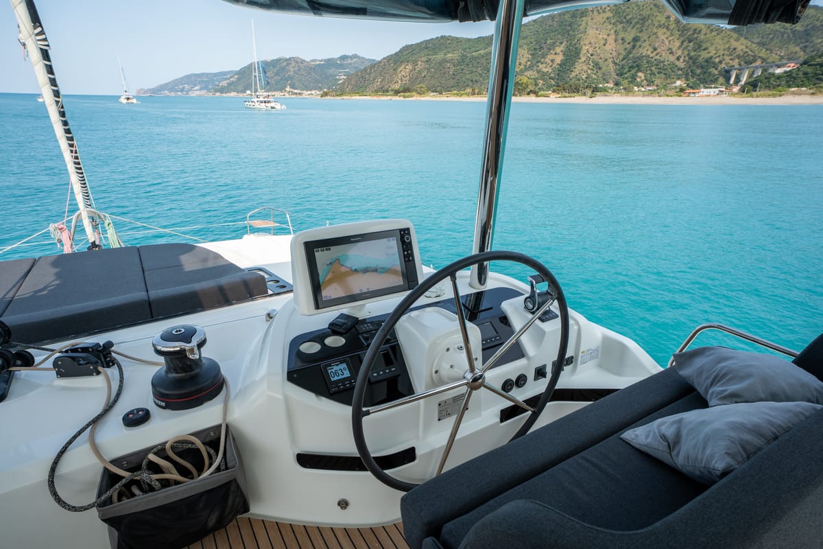 Cockpit of Sailuxe - Vega, a Lagoon 55 catamaran at Castellammare del Golfo, Italy