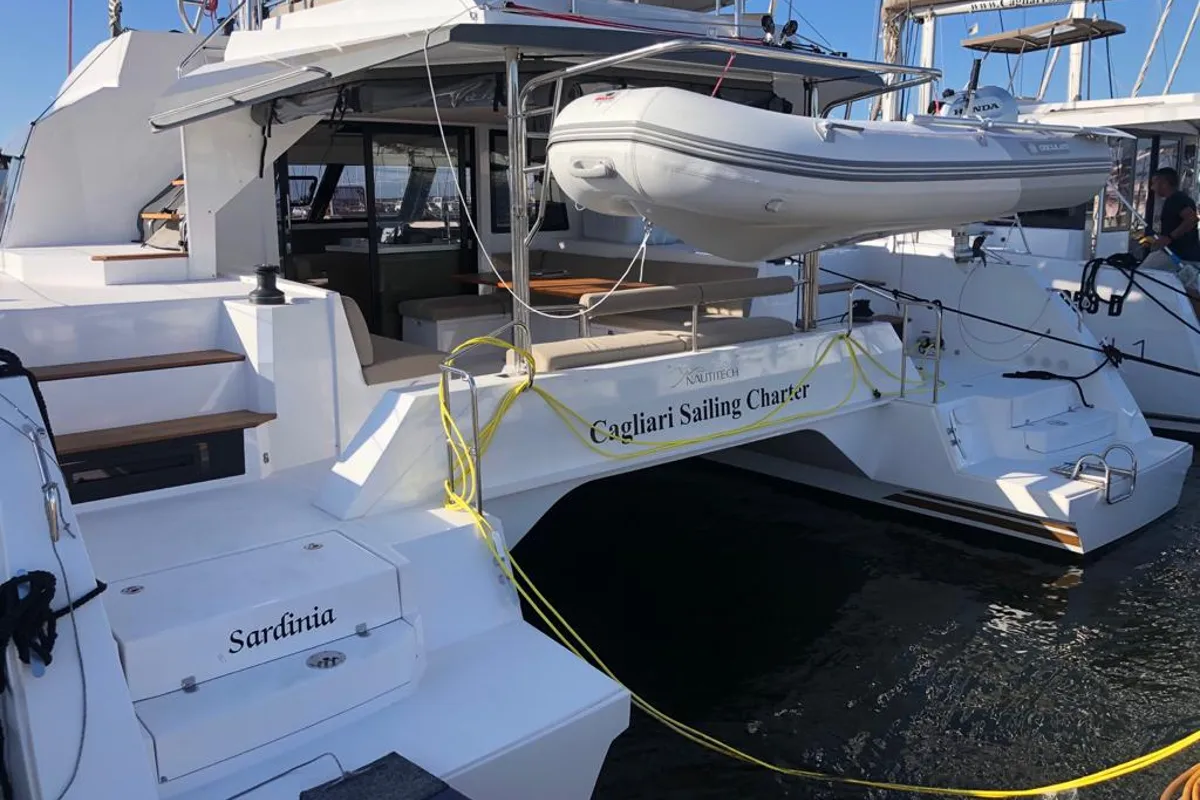 Exterior view of Sardinia , a Nautitech 46 Fly catamaran at Cagliari, Italy