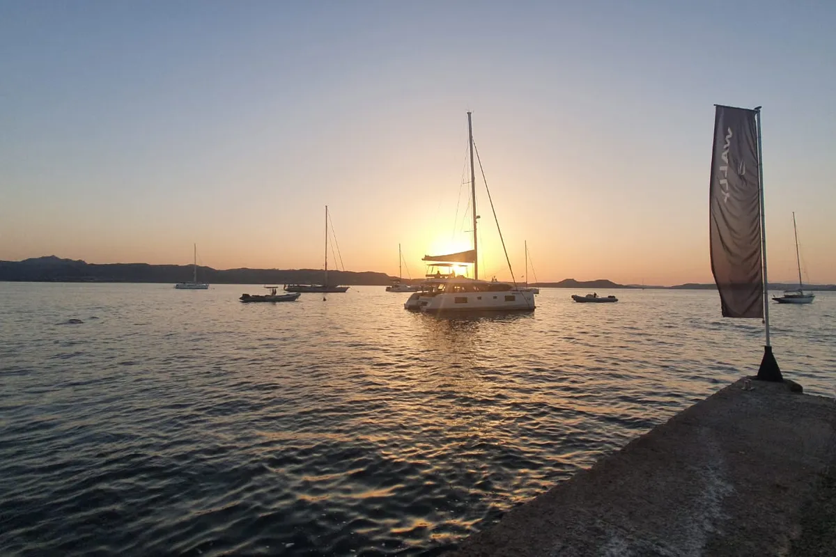 Exterior view of Sardinia , a Nautitech 46 Fly catamaran at Cagliari, Italy