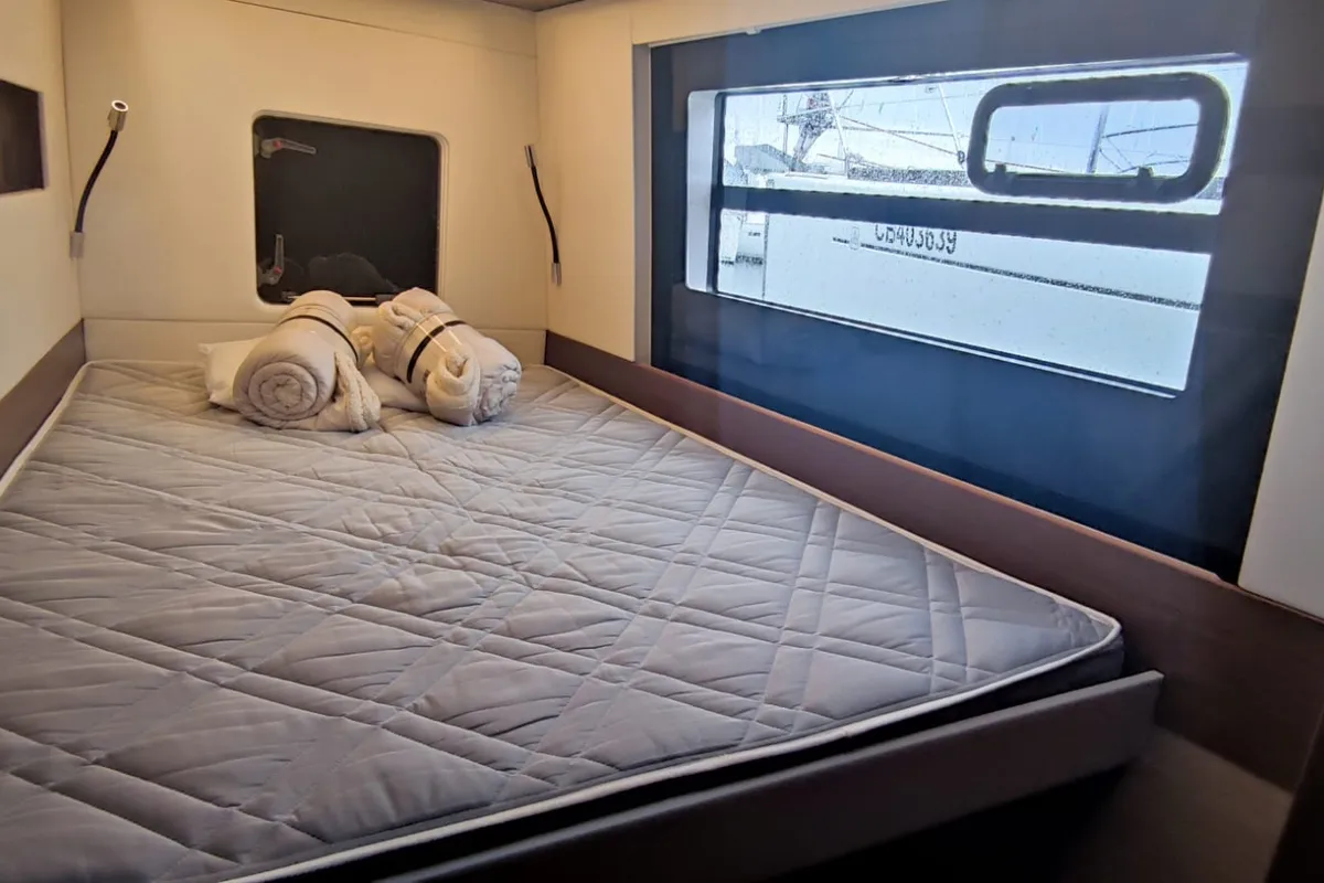 Cabin on Sardinia , a Nautitech 46 Fly catamaran at Cagliari, Italy