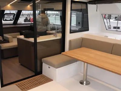 Salon of Sardinia , a Nautitech 46 Fly catamaran at Cagliari, Italy