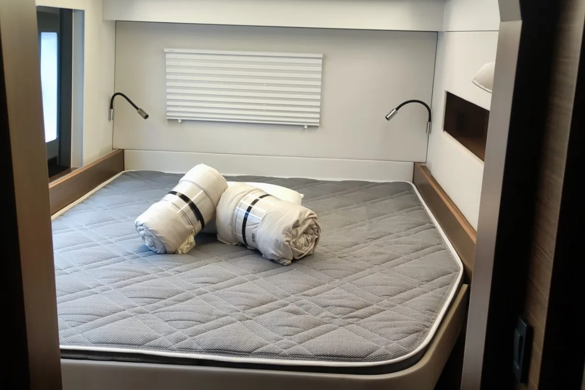 Cabin on Sardinia , a Nautitech 46 Fly catamaran at Cagliari, Italy
