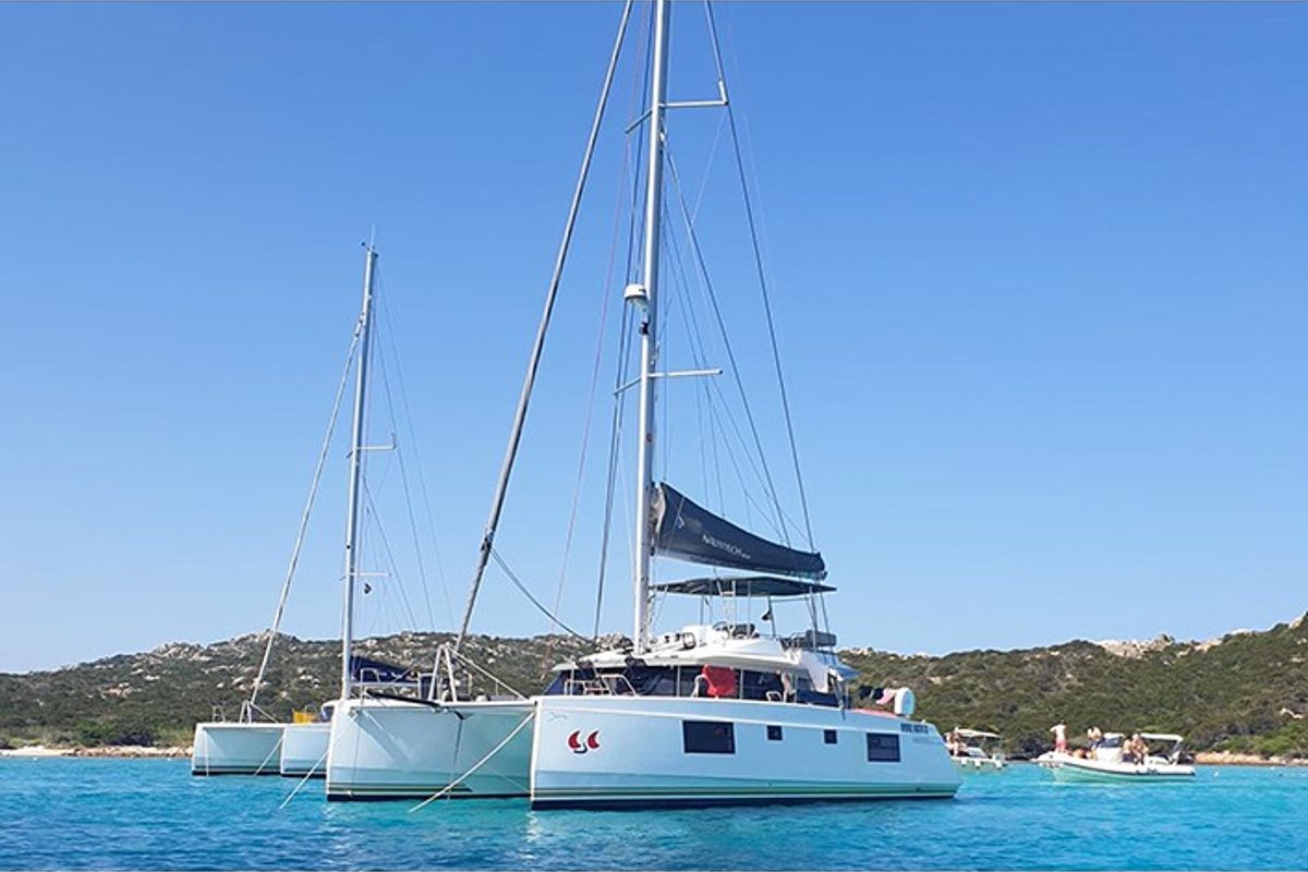 Exterior view of Sardinia , a Nautitech 46 Fly catamaran at Cagliari, Italy