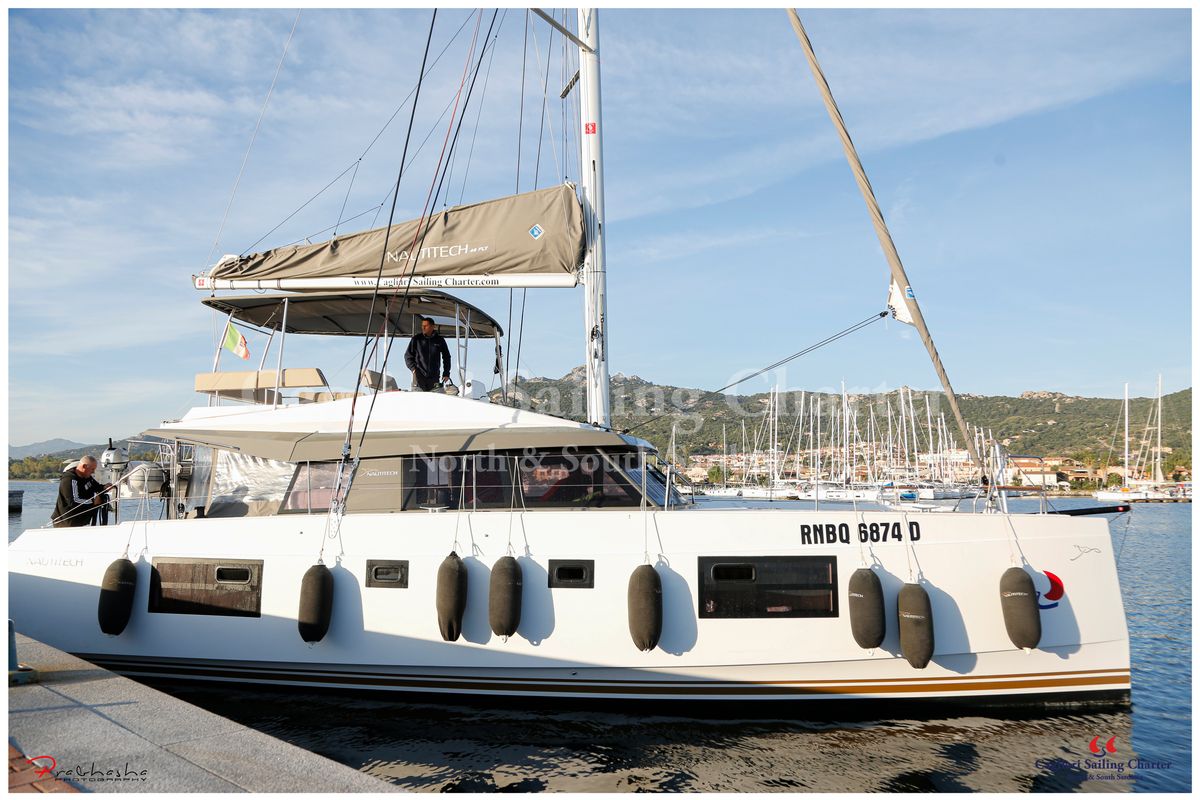 Exterior view of Sardinia , a Nautitech 46 Fly catamaran at Cagliari, Italy