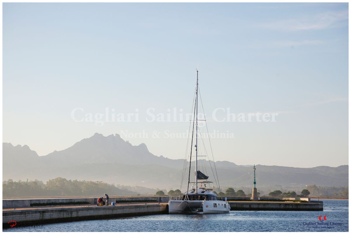Exterior view of Sardinia , a Nautitech 46 Fly catamaran at Cagliari, Italy
