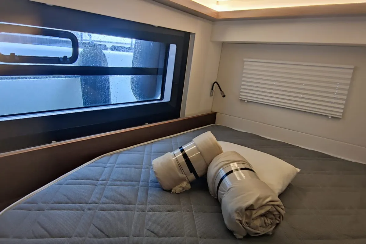 Cabin on Sardinia , a Nautitech 46 Fly catamaran at Cagliari, Italy