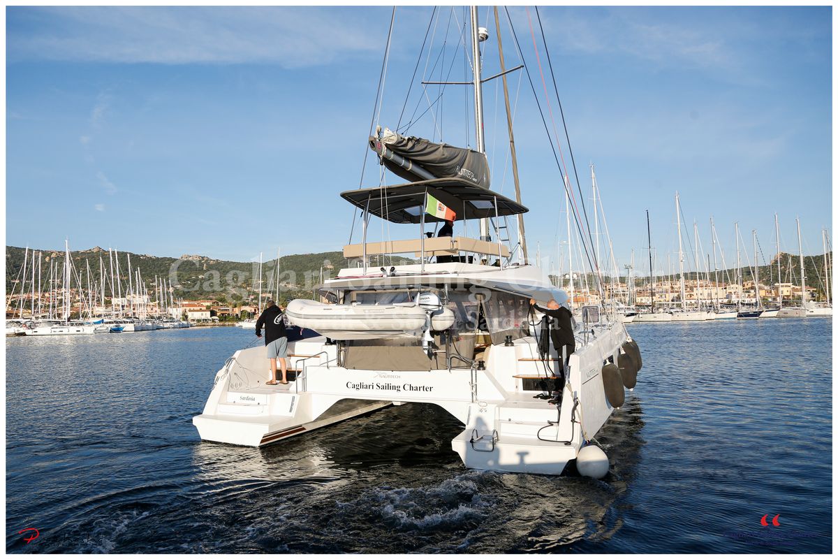 Exterior view of Sardinia , a Nautitech 46 Fly catamaran at Cagliari, Italy