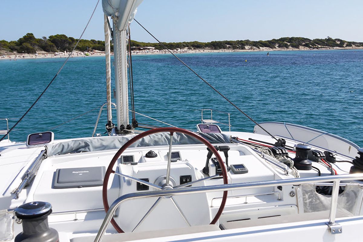 Cockpit of Atlantis, a Lagoon 440 catamaran at Santa Eulària des Riu, Spain