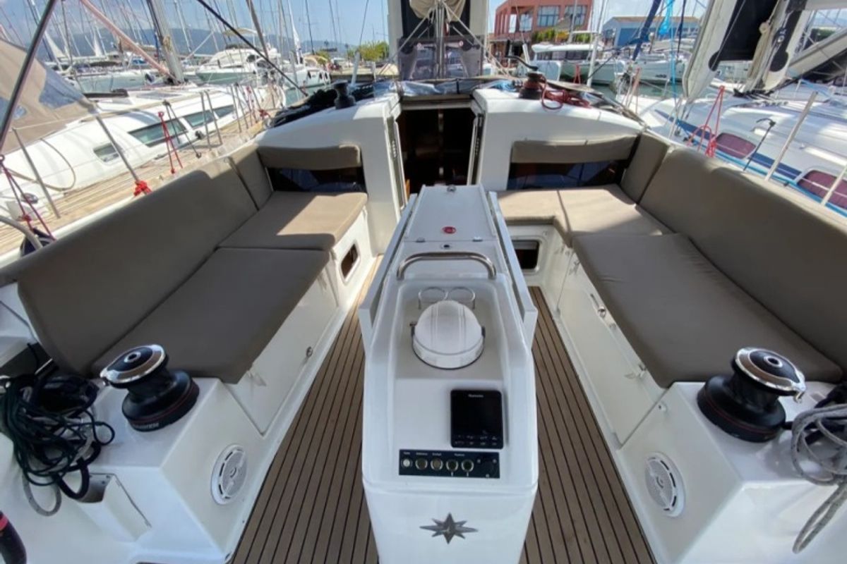 Cockpit of Thivi, a Jeanneau Sun Odyssey 440 sailboat at Municipal Unit of Rhodes, Greece