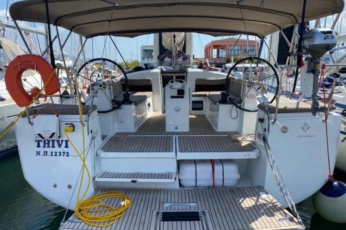 Deck of Thivi, a Jeanneau Sun Odyssey 440 sailboat at Municipal Unit of Rhodes, Greece