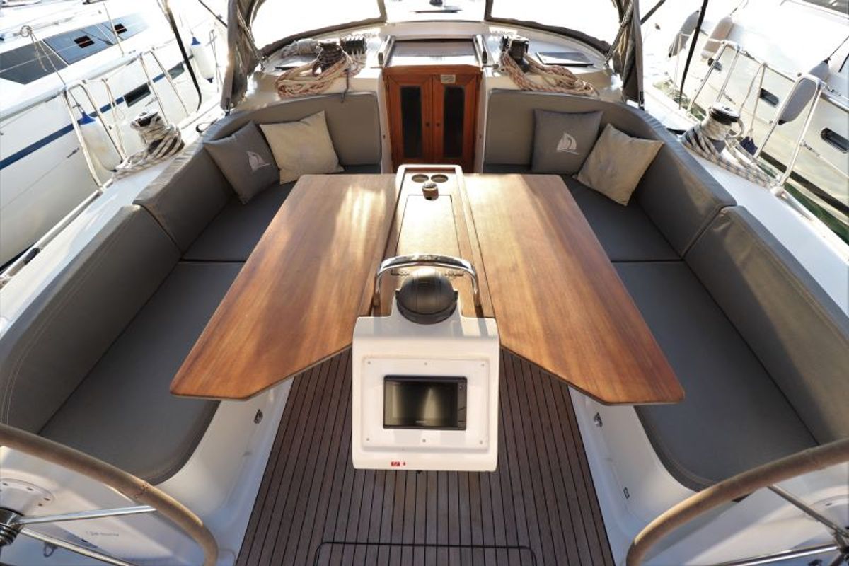 Cockpit of Sherdana, a Bavaria Cruiser 46 sailboat at Castellammare di Stabia, Italy